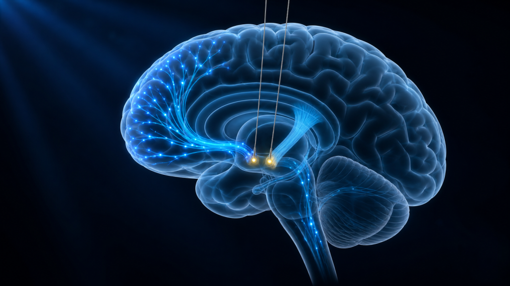 Three-dimensional brain illustration highlighting neural circuits relevant to DBS therapy
