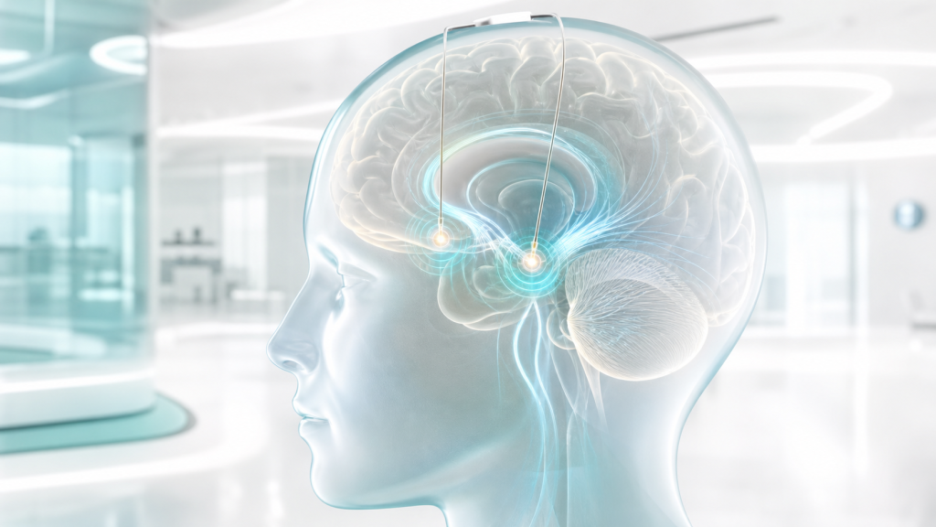 Clinical brain pathway illustration for neuromodulation and DBS education