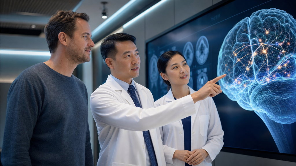 Multidisciplinary clinical team reviewing brain imaging for patient care